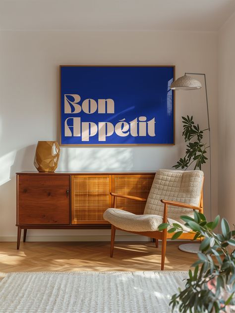 Upgrade your kitchen decor with the Blue Bon Appetit Poster. Featuring modern typography, this poster is the perfect addition to any food lover's home. Hang it proudly to add a touch of style and sophistication to your space. Mid Century Scandinavian, Kitchen Posters, Modern Typography, Black And White Abstract, Furniture Inspiration, Classic Food, Kitchen Art, Flower Market, Kitchen Wall