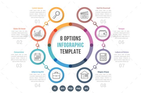 Eight Options Infographics - Infographics Process Diagram, Project Timeline Template, Infographic Design Process, Circle Diagram, Circle Infographic, Infographic Layout, Infographic Resume, Data Visualization Design, Concert Flyer