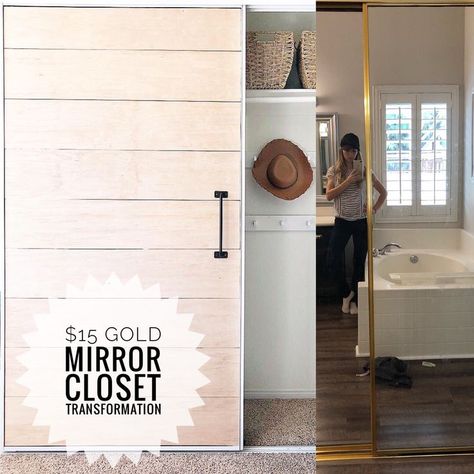 How to transform your old gold mirror closet doors for $15. spray paint and plywood. Mirror Closet Door, Angela Rose Home, Old Closet Doors, Sliding Mirror Closet Doors, Diy Closet Doors, Closet Transformation, Mirror Closet, Angela Rose, Bedroom Closet Doors