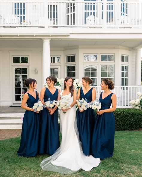 One last gorgeous summer hurrah on the harbor 🌊 Katherine’s bridesmaids wore our Navy Shantung Harper dress with the Dahlia skirt to create an especially elegant look, fitting for such a timeless celebration. Classic brides, save this one for bridal party/all-white bouquet/invitation suite inspiration! Congratulations to the newlyweds, Katherine and Jack! 🥂 Planning @elsilueventplanning Photography @jessicavandermarelphoto Videography erickdavid.films Florals @florarae_ Hair @balayage_bybroo... Navy Blue Bridal Party, Navy Bridal Party, Navy Bridesmaids Dresses, Navy Bridal Parties, Dark Blue Bridesmaid Dresses, Navy Blue Bridesmaids, Navy Bridesmaids, Blue Hydrangea Flowers, Navy Blue Bridesmaid Dresses