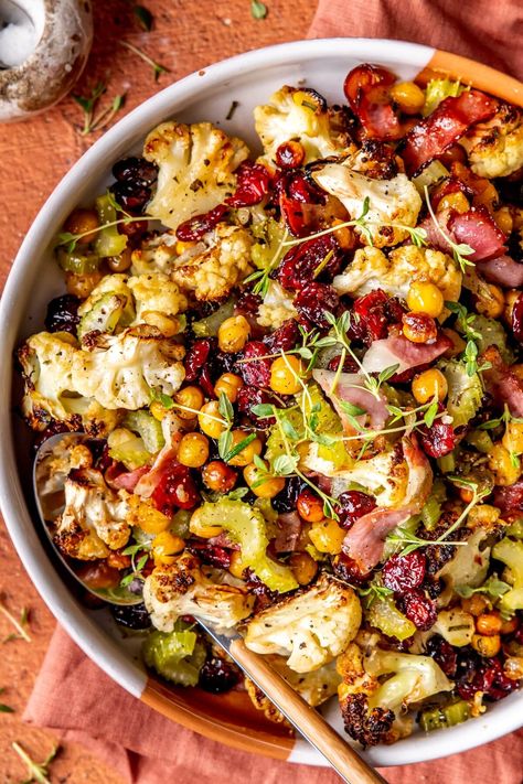 HERB AND MAPLE ROASTED CAULIFLOWER WITH CHICKPEAS Roasted Chickpeas Meal, Roasted Cauliflower Appetizer, Thanksgiving Chickpea Recipes, Roasted Vegetable Dinner Ideas, Chopped Cauliflower Recipes, Cauliflower Thanksgiving Recipes, Herb And Maple Roasted Cauliflower, Cauliflower And Beans Recipe, Cauliflower Recipes Main Dish