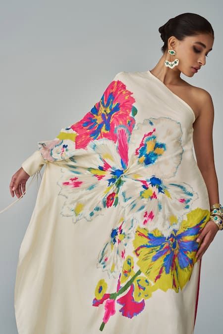 Buy Ivory Habutai Printed Floral One-shoulder Alana Kaftan For Women by Saaksha & Kinni Online at Aza Fashions. Kaftan Dress Modern, Kaftan Ideas, One Shoulder Kaftan, Kaftan Design, Stunning Style, Kaftan Dress, Aza Fashion, Fashion Prints, Dark Brown