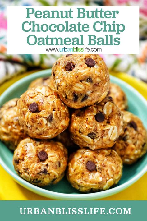 These energy bites have creamy peanut butter, sweet chocolate chips, and nourishing oats. Easy and fast to make treats that satisfy! Oat And Peanut Butter Balls, Oatmeal Chocolate Chip Protein Balls, Oat Bites No Bake, Chocolate Chip Oatmeal Balls, Peanut Butter Oatmeal Protein Balls, Oatmeal Peanut Butter Protein Balls, Oatmeal Peanut Butter Balls, Peanut Butter Oat Balls, Peanut Butter Oatmeal Balls