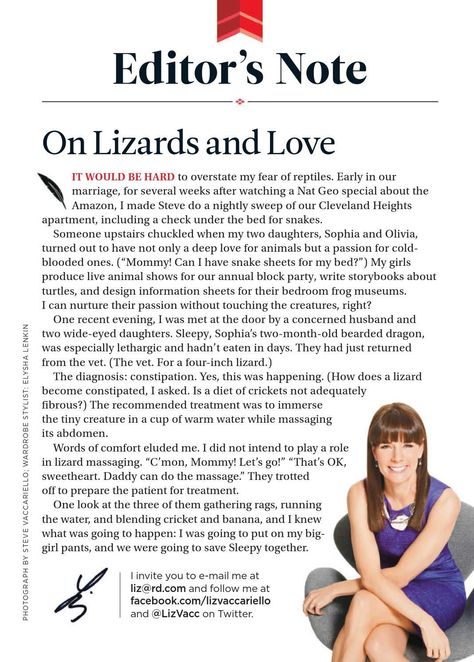 @readersdigest Editor's Note: On Lizards and Love (written by @lizvacc on the March 2014 issue) Editors Note Magazine, Editor's Note Magazine, Editors Letter, Editors Note, Yearbook Ideas, Letter To The Editor, Readers Digest, Magazine Layout, Lizards