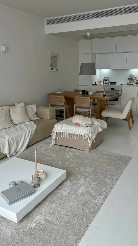 Concrete Floors Apartment, Couch In Middle Of Living Room, No Tv Living Room, White Walls Interior, Warm Minimalism Interior, Living Room And Kitchen Together, Boujee Apartment Bedroom, Boujee Apartment, Bohemian Living Room Ideas