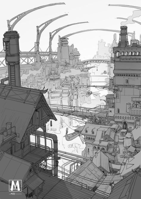 Line art city future sketch doodle concept art design Port Drawing, Ville Steampunk, Décor Steampunk, Environment Sketch, Drawing Patterns, Perspective Drawing Architecture, City Sketch, City Drawing, Perspective Art