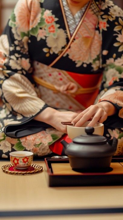 StockCake A person in a floral kimono participates in a traditional Japanese tea ceremony with grace. Traditional Japanese Tea Ceremony, Japanese Tea Ceremony Aesthetic, Tea Ceremony Japan, Traditional Tea, Cast Iron Tea Pot, Japanese Tea Ceremony, Floral Kimono, Japanese Tea, Tea Ceremony