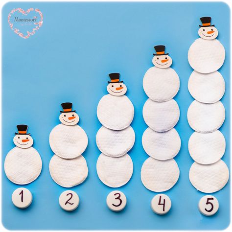 Snowmen-Facial-Pads-Count-Numbers-1-5 Montessori #Math Montessori Winter preschool and kindergarten kids activities to promote literacy, numeracy and fine motor control through the power of hands-on sensory play. Montessori-Winter-Activities-for-KIDS #montessori #preschool #homeschool #montessoriathome #earlylearning #kidsactivities #winteractivities #wintercrafts #winterwithkids #winterbooks #winterdiy #winternumeracy #numeracy #diy #earlyyears #prek #preschool #kindergarden #craft Snowman Counting, Activities For Kindergarten Children, Winter Math Activities, Maluchy Montessori, Snowmen Activities, Winter Activities Preschool, Aktiviti Kanak-kanak, Learn And Play, Winter Kindergarten