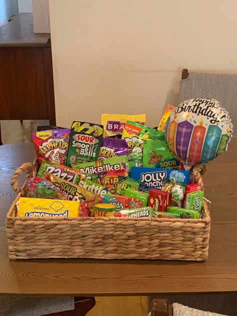 At Elegant Gift Basket Co. we make any theme baskets you may have in mind. The Sour Candy Basket is just an example of the baskets we Make. We Make Bridal Shower Theme Baskets, Candy, Spa, Game, Holidays   Bridal Shower, Bachelor & Bachelorette Party Baskets, Or any Theme You Desire. Prices vary for themes that aren't Candy.. Sour Candy Baskets include 16 items. At least 8 large items such as Movie Theatre Candy Boxes Like Lemonheads. .Bridal Shower Baskets Start at $85, They include a Wedding T Things To Put In A Christmas Gift Basket, Candy Basket Ideas, Color Themed Gift Baskets, Girly Gift Baskets, Cute Gift Basket Ideas, Snacks Basket, Bridal Shower Baskets, Candy Sour, Candy Baskets