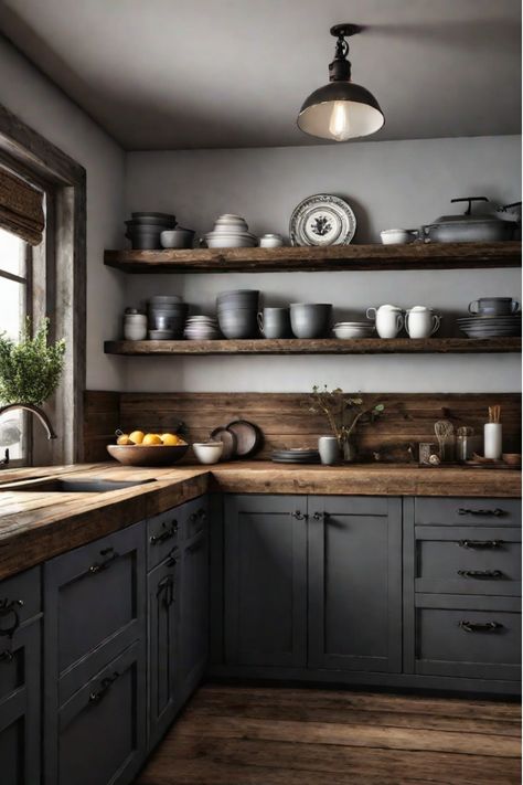 Elegant, traditional kitchen cabinets Grey Kitchen Wood Cabinets, Butcher Block Grey Cabinets, Smokey Grey Kitchen Cabinets, Dark Kitchen With White Cabinets, Dark Grey Cupboards Kitchen, Charcole Cabinet Kitchen, Rustic Painted Kitchen Cabinets, Dark Gray And Wood Kitchen, Kitchen With Dark Gray Cabinets