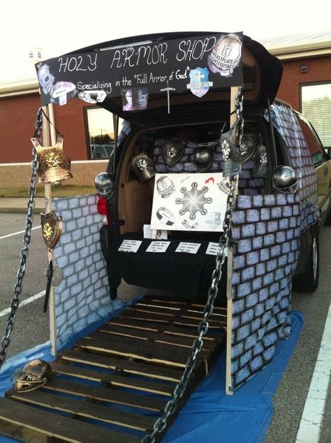 The Armour of God Trunk or Treat theme Trunk Or Treat Decorating Ideas, Church Snacks, Halloween Entertainment, Church Trunk, Halloween Car Decorations, Trunker Treat Ideas, Church Halloween, Fall Festival Games, Trunk Or Treat Ideas