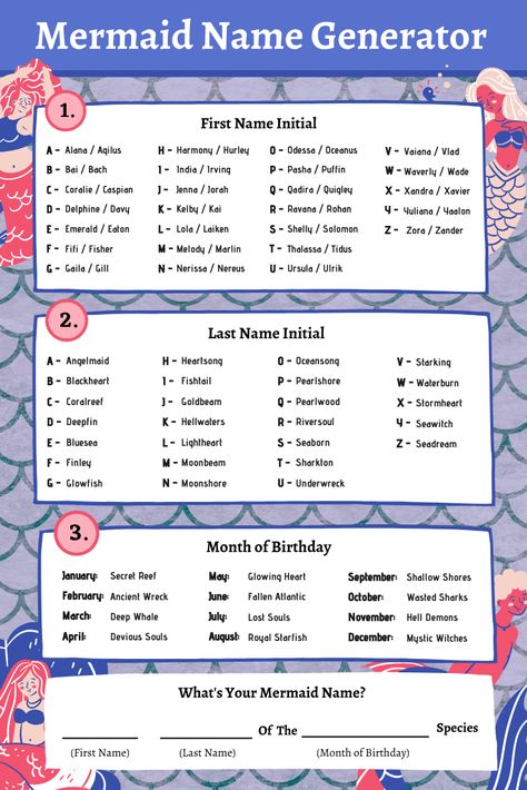 Mermaid Oc Generator, Cute Name Generator, Fantasy Group Names, Names For Mermaids, Mermaid Names Ideas, Dance Group Names Ideas, Witch Names Ideas, Facebook Names Ideas, Group Names Ideas Creative