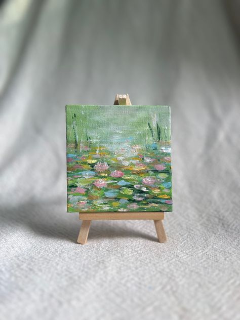 Acrylic Painting Water, Painting On Small Canvas, Painting Water Lilies, Working Desk, Mini Easel, Painting Water, Tiny Art, Miniature Paintings, Fine Art Painting Oil