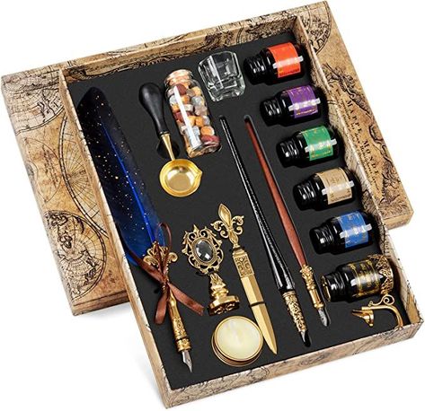 Hethrone Calligraphy Set Quill Pen Dip Pen and Ink Set 16 Pieces with Feather Calligraphy Pen, Glass Pen, Wooden Dip Pen,11 Nibs, Wax, Pen Holder, Color Ink and Elegant Box Dip Pen Calligraphy, Copper Pen, Feather Quill Pen, Calligraphy Pen Set, Fountain Pens Calligraphy, Glass Pen, Dip Pen Ink, Pen Calligraphy, Feather Quill