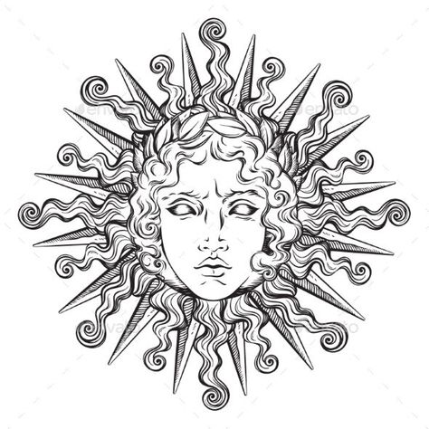 Sun With Face, Antique Style, The Sun, Hand Drawn, Sun, Black And White, White, Black