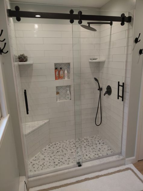 Walk In Shower With Corner Seat, Walk In Shower Corner Bench, Corner Seat Shower Ideas, Corner Seat In Shower Ideas, Walk In Shower With Shelves, Walk In Shower With Corner Bench, Walk In Shower Small Bathroom With Seat, Walk In Shower With Sliding Door, Small Tile Shower With Bench