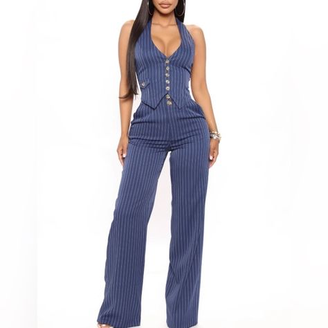 Navy Blue Vest, 70 Fashion, Crop Top And Leggings, Pinstripe Pants, Pantsuits For Women, Fashion Nova Pants, Blazer Set, Pinstripe Suit, Top And Pants Set