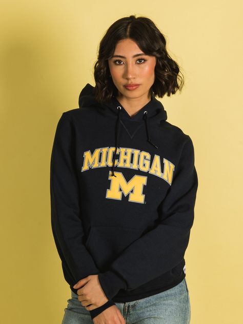 Start repping your team right with the Russell Athletics Michigan Wolverines Hoodie. This comfortable cotton and polyester blended hoodie is perfect for cheering your team on! This hoodie features:-Michigan Wolverines logo on the front-Drawstring hood-Ribbed cuff and hem-Regular fit-Navy blue50% Cotton / 50% Polyester Boathouse Hoodies, Michigan Logo, Michigan Hoodie, Michigan M, Wishlist Ideas, Boat House, Casual Preppy Outfits, College Hoodies, Michigan Wolverines