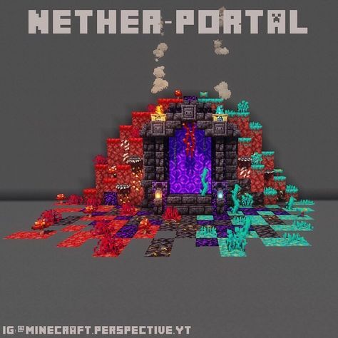 Minecraft Nether Statue, Minecraft Awesome Builds, Minecraft Portal Design Nether, Nether Village Minecraft, Minecraft Nether Portal Design Ideas, Minecraft Nether Builds Ideas, Nether Portal Decoration, Minecraft Portal House, Minecraft Nether Decorations