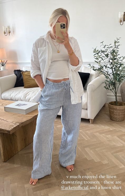 Blue Striped Trousers Outfit, Stripped Pants Outfit, Striped Trousers Outfit, Pijama Outfit, Summer Linen Trousers, Linen Trousers Outfit, Pijama Pants, White Linen Pants Outfit, Stripe Pants Outfit