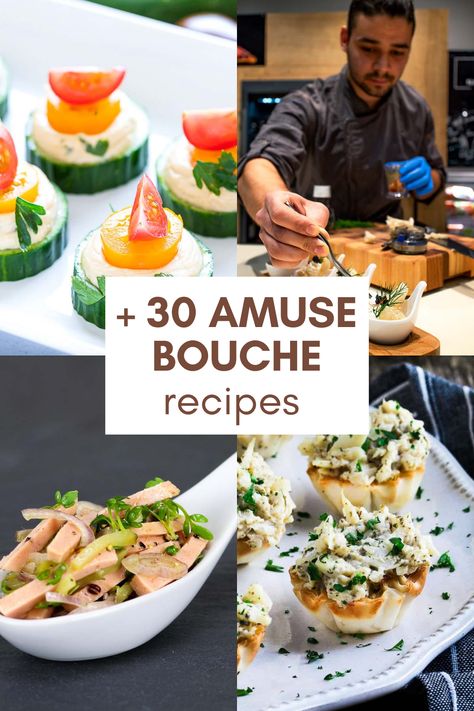 Appetizer Recipes Fine Dining, French Amuse Bouche Ideas, Fancy Amuse Bouche, Canape Menu Ideas, Gourmet Small Bites, Two Course Meal Ideas, Gourmet Appetizers Fine Dining Parties, Small Plate Menu Ideas, Muse Bouche Recipes