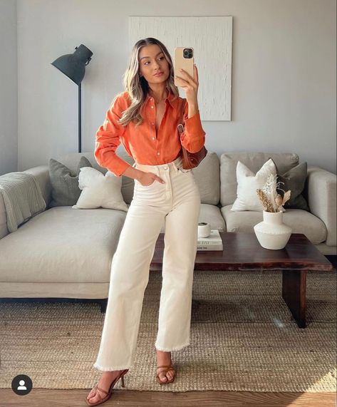 Orange Shirt Outfit, Lily Clark, Orange Pants Outfit, Linen Style Fashion, Outfit Elegantes, Faux Leather Trousers, Blazer Outfits For Women, Comfy Casual Outfits, Orange Outfit