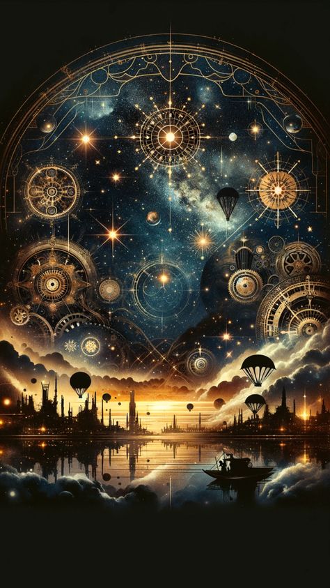 Phone Wallpaper Sky, Stars Phone Wallpaper, Wallpaper Sky Aesthetic, Time Travel Art, Steampunk Background, Mystic Wallpaper, Steampunk Wallpaper, Steampunk Crafts, Wallpaper Sky