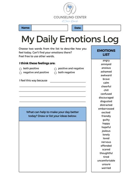 Use this Emotions Log to identify how you are feeling and brainstorm ways to feel better! This is a downloadable PDF that will be emailed to you. Feelings Check In Worksheet, Identifying Emotions Worksheet, How I Feel Emotions, Emotional Mapping, Emotional Thermometer, Identifying Emotions, Ways To Feel Better, Therapeutic Recreation, Mental Health Counseling