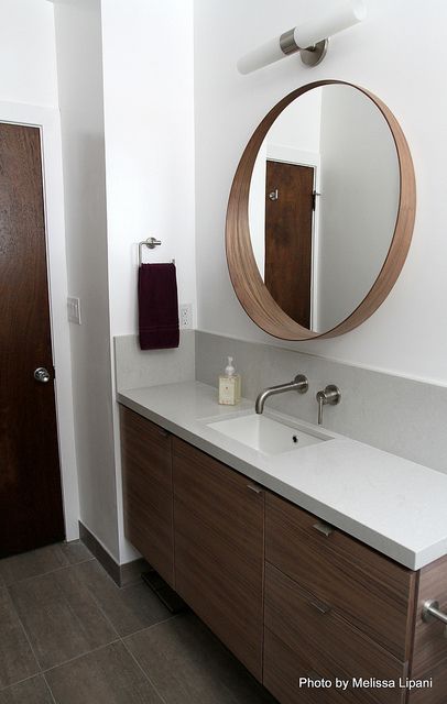 Hall Bath | Flickr - narrow sink and vanity with custom walnut veneer, wall mounted faucet Ikea Stockholm, Bathroom Mirror Lights, Bathroom Refresh, Bathroom Light Fixtures, Walnut Veneer, Bathroom Makeover, Bathroom Renovation, Bathroom Wall, Lake City