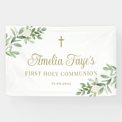 First Communion Banner, Holy Communion Party, Watercolor Foliage, Flowers And Greenery, Communion Party, First Holy Communion, Promotional Events, Holy Communion, Party Signs