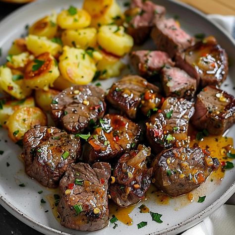 Garlic Butter Steak Bites and Cheesy Smashed Potatoes - Cuts Food Steak Potato Bites, Steak Bits And Potatoes, Garlic Steak Bites And Potatoes, Garlic Butter Steak Bites, Butter Steak Bites, Butter Steak, Garlic Butter Steak, Hot Dish, Steak Butter