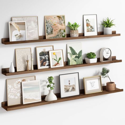 PRICES MAY VARY. Picture Ledge Shelf-Do you have many memorable pictures but don't have enough wall space to display them? The Axeman picture shelf is the perfect solution! Our floating shelves provide a centralized display of many photos without taking up a lot of wall space Multifunctional Floating Shelves-Our floating shelves for wall with special baffle design allow you to safely exhibit your collectibles and photos but no worries about slipping off! Wall shelves with 3 different depths stor Styling Hanging Shelves, Thick Shelves Living Room, Best Floating Shelves, Small Ledge Decor, Decorations For Floating Shelves, Floating Shelf Wall Living Room, Floating Shelves For Living Room, Decorating Narrow Shelves, Living Room Display Shelves