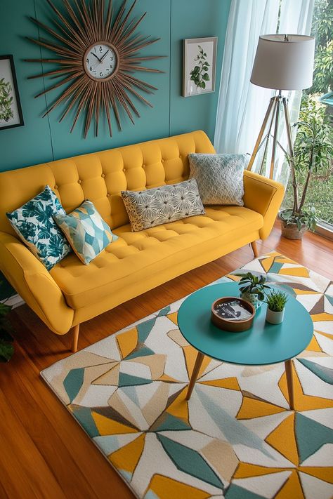 Brighten your living room decor with this vibrant yellow sofa and geometric accents. The mix of teal and mustard hues brings warmth and personality to any space. Perfect for a modern and inviting atmosphere. #LivingRoomDecor #HomeStyle #InteriorDesign Mustard Yellow And Teal Living Room, Teal And Yellow Living Room, Yellow Couch Living Room Ideas, Mustard Yellow Sofa, Teal Sofa Living Room, Mustard Living Rooms, Mustard Sofa, Funky Office, Yellow Room Decor