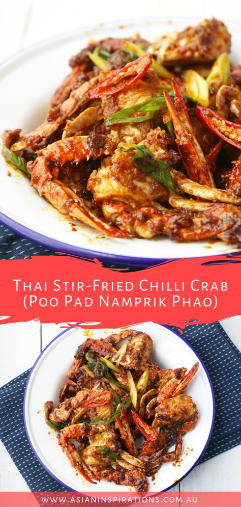 An easy recipe for Thai chilli crab coated in a sweet and spicy sauce. Get this Thai Stir-Fried Chilli Crab (Poo Pad Namprik Phao) recipe. Recipe by Asian Inspirations. #chillicrab #chillicrabrecipe #thaichillicrab #thailandfood #thaifood #thaifoodrecipe Thai Crab Recipes, Vietnamese Crab Recipes, Stir Fry Crab Recipe, Thai Seafood Recipes, Chinese Crab Recipes, Crab Stir Fry Recipe, Crab Recipes Asian, Spicy Crab Recipes, Lao Dishes