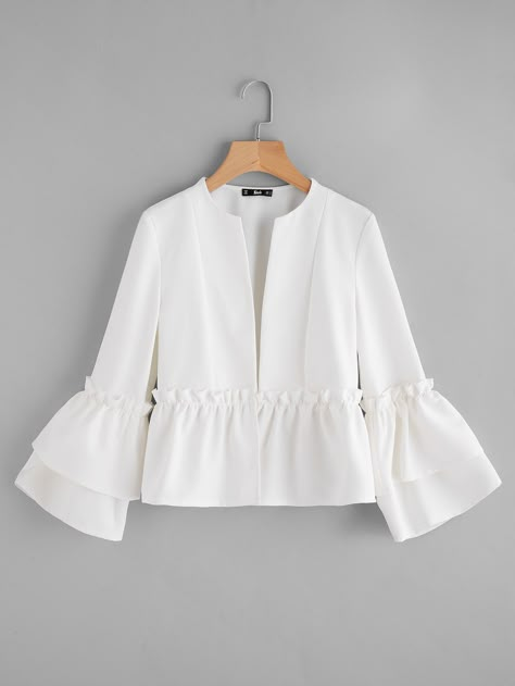 Shop Tiered Bell Sleeve Frill Detail Peplum Blazer online. SheIn offers Tiered Bell Sleeve Frill Detail Peplum Blazer & more to fit your fashionable needs. Peplum Sleeves, Blouse Outfit Casual, Tiered Sleeve, Elegant Blazers, Peplum Blazer, Fancy Tops, Fashion Tops Blouse, Sleeves Designs For Dresses, Trendy Fashion Tops