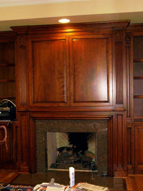 Charlotte, NC Cherry inset Entertainment Center, Fireplace Surround and Bookcases - Doors Closed. Wood Panelled Fireplace, Paneled Fireplace Wall, Office Paneling, Study Fireplace, Oak Panelling, Oak Paneling, Panelled Walls, Panel Walls, Wicker Wall Decor