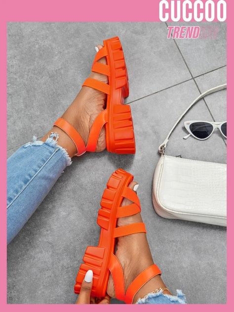 CUCCOO Trending Buckle Decor Ankle Strap Wedge Sandals | SHEIN USA Orange Sandals, Orange Wedges, White Sandals Heels, Sandals Outfit, Aqua Shoes, Orange Shoes, Ankle Strap Wedges, Strap Wedge, Silver Sandals