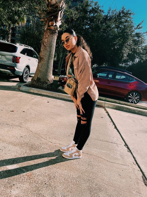 Pink Air Jordan 1 Outfit Women, How To Style Jordan 1 Mid Women, Brown Jordans Sneakers Outfit, Beige Jordans Outfit, Jordan 1 Praline Outfit, Tan Nike Shoes Outfit, Tan Shoe Outfits Women, Jordan 1 Dress Outfit Women, Tan Gum Jordans Outfit