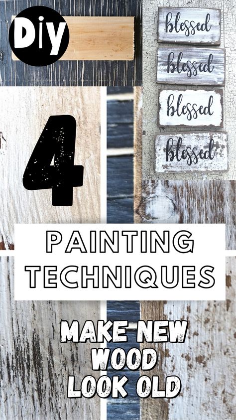 How To Paint Wood To Look Distressed, How To Make Wood Look Old Rustic Vintage Signs, How To Rustic Paint Wood, Wood Painting Techniques Diy, How To Make Distressed Wood, Making Wood Look Old, Distress Wood Diy Paint Techniques, Diy Rustic Painting, How To Make Painted Wood Look Distressed