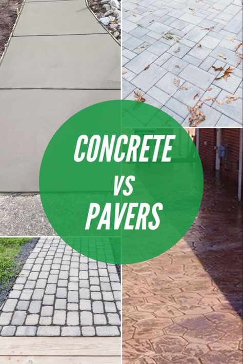 Trying to decide between pavers or concrete for your new patio or driveway update? You probably have questions about price, installation, maintenance, and more. Check out these six important differences between concrete and pavers to help you make your decision! Cement And Paver Patio, Large Concrete Pavers Patio, Concrete Paver Driveway Ideas, Driveway Update, Concrete Paver Driveway, Cheap Pavers, Concrete And Pavers, Large Concrete Pavers, Poured Concrete Patio