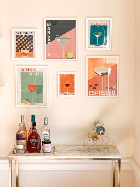 Bar Wall Collage, Pictures Above Bar Cart, Gallery Wall Bar Cart, Bar Cart Prints Colorful, Bar Cart Photo Wall, Bar Cart Sign Ideas, Cute Bar Cart Signs, Bar Cart Picture Wall, Bar Cart Photos