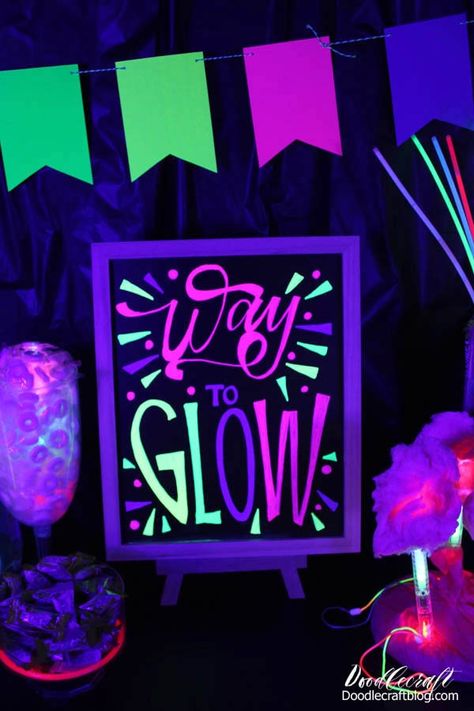 Glow In The Dark Party Signs, Graduation Glow Party, Glow Party Sign Ideas, Glow Party Decorations Dollar Stores, Glow Paint Party Ideas, Glow In The Dark Graduation Party Ideas, Glow In The Dark Homecoming Theme, Glow Party Signs, Glow Dance Party Decorations