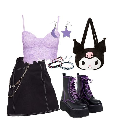 Black And Purple Clothes, Purple Emo Outfits, Kuromi Outfit Inspired, Black And Purple Outfit Ideas, Kuromi Skirt, Kuromi Outfit Ideas, Kuromi Ropa, Kuromi Outfit Aesthetic, Kuromi Pants