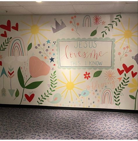 Paint For Classroom Walls, Sunday School Murals Children Church, Classroom Murals Preschool, Prek Church Classroom, Sunday School Wall Murals, Classroom Themes Christian, Sunday Classroom Decor, Nursery Church Ideas, Toddler Sunday School Room Decor