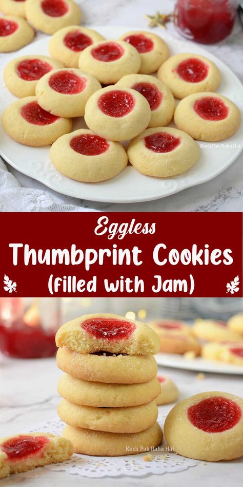 Eggless Jam Cookies, Eggless Thumbprint Cookies, Cookie Recipes Without Eggs, Peanut Butter Thumbprint Cookies, Thumbprint Cookies Easy, Eggless Sugar Cookies, Eggless Cookie Recipes, Recipe Inspirations, Jam Thumbprint Cookies