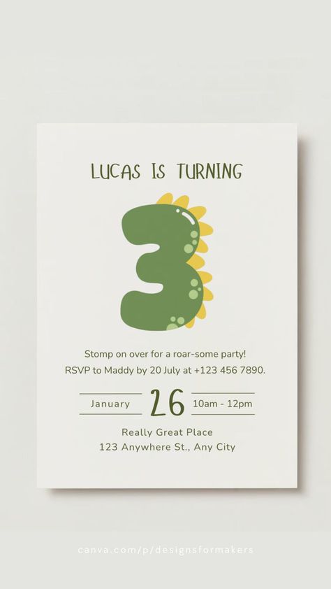 Green Beige Modern Minimal Dinosaur Kids Birthday Invitation Dinosaur 2nd Birthday Party Invitations, Birthday Invitation Dinosaur, Dinosaur Birthday Party Minimalist, Dino Birthday Party Invitations, Minimal Dinosaur Party, Modern Dinosaur Birthday Party, Dinosaurs Birthday Party Ideas, Dinasour Birthday Ideas, Dinosaur Invitation Template