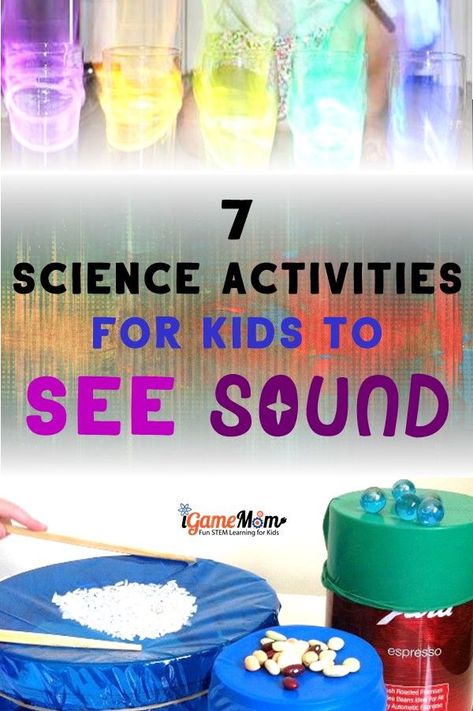 Sound Science Experiments for Five Senses Science Class Kids love: STEM activities to SEE the sound and to feel the sound, to learn sound wave concept and science study skills. Science activities for school, home, and homeschool. Sense of hearing lesson of the five senses unit. #ScienceForKids #iGameMomSTEM #STEMforKids #FiveSenses #ScienceActivities #ScienceClass #STEMactivities #5senses #STEMeducation Sound Experiments, Senses Preschool, Science Study, Sound Science, Senses Activities, Science Experiments For Kids, Experiments For Kids, Kid Experiments, Five Senses