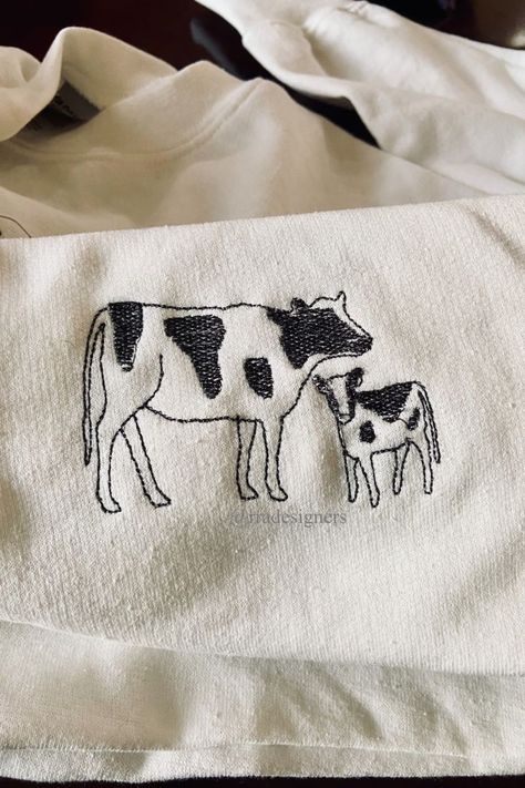 Cow with a calf embroidered sweatshirt! Perfect for those who love cows, farm animals, or a comfy sweatshirt! Relaxed/Oversized fit. Embroidery Quilt Patterns, Animal Cottagecore, Farm Embroidery, Calf Cow, Cows Farm, Embroider Ideas, Clothes Embroidery Diy, Animal Embroidery Designs, Embroidery Tshirt