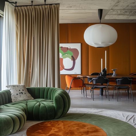 Love a ceiling mounted curtain #velvet #green #orange #interior #midjourney #aiinteriors Green And Orange Interior, Green Orange Interior, Mcm Curtains, Curtain Velvet, Orange Curtains, Orange Interior, Orange House, Green Bedding, Living Room Green