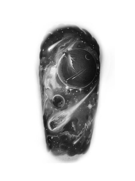 Galaxy Design Tattoo, Space Black And Grey Tattoo, Galaxy Tattoo Black And Grey, Galaxy Tattoo Sleeve Black And White, Universe Tattoo Galaxies Black And White, Cosmos Tattoo Design, Space Chest Tattoo, Space Stars Tattoo, Black And White Space Tattoo